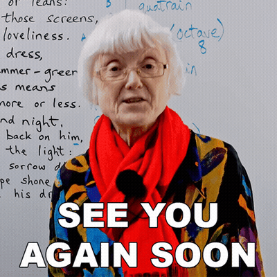 An Elderly Woman Wearing Glasses And A Red Scarf Is Standing In Front Of A Whiteboard That Says See You Again Soon GIF