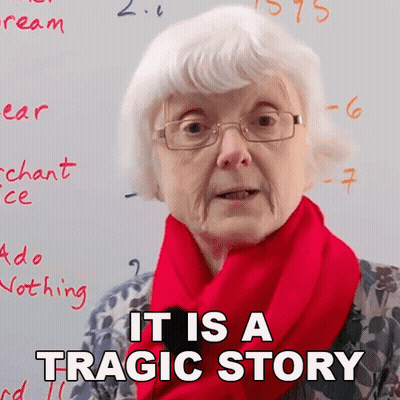 An Elderly Woman Wearing Glasses And A Red Scarf Says " It Is A Tragic Story " GIF