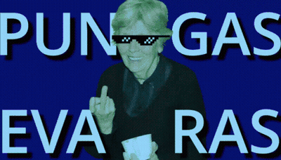 An Elderly Woman Wearing Sunglasses Is Giving The Middle Finger And The Words Pun Gas Eva Ras Are Behind Her GIF
