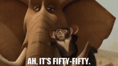 An Elephant Holding A Monkey With The Words " Ah It 'S Fifty-Fifty " On The Bottom GIF