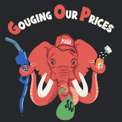 An Elephant Wearing A Maga Hat Holds A Gas Pump And Pills GIF
