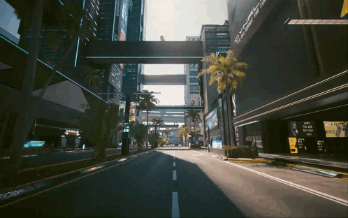 An Empty Street In A Futuristic City With A Sign That Says ' A Few Dollars ' On It GIF