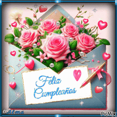 An Envelope With Pink Roses And A Card That Says Feliz Cumpleaños GIF