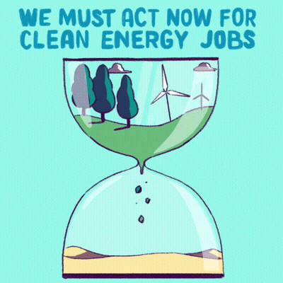 An Hourglass With Trees And Windmills Inside Of It And The Words We Must Act Now For Clean Energy Jobs GIF