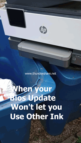 An Hp Printer Sits On Top Of A Blue Bin GIF