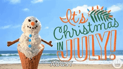 An Ice Cream Cone Shaped Like A Snowman On The Beach With The Words " It 'S Christmas In July " GIF
