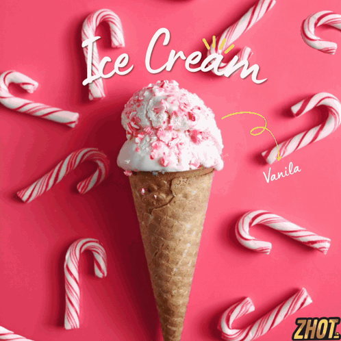An Ice Cream Cone Surrounded By Candy Canes With The Words Ice Cream Vanilla Written Above It GIF