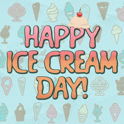 An Ice Cream Cone With A Cherry On Top Of It Says Happy Ice Cream Day GIF
