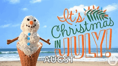 An Ice Cream Cone With A Snowman Made Out Of Ice Cream And The Words " It 'S Christmas In July " GIF