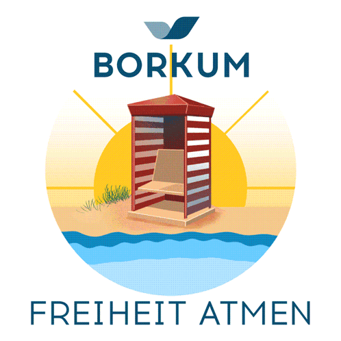 An Illustration Of A Beach Hut With The Words Borkum Freiheit Atmen Underneath It GIF