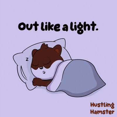 An Illustration Of A Bear Sleeping With The Words Out Like A Light Hustling Hamster Below It GIF