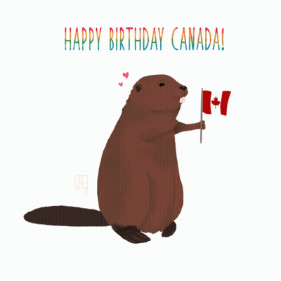 An Illustration Of A Beaver Holding A Canadian Flag With The Words Happy Birthday Canada GIF