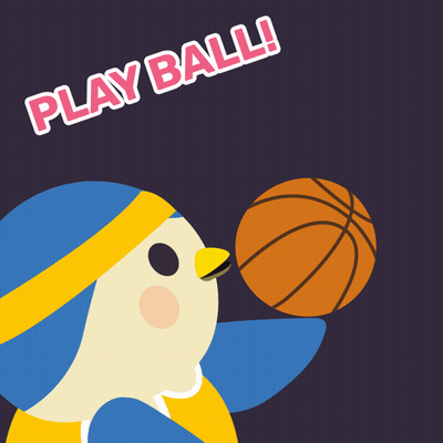An Illustration Of A Bird Holding A Basketball With The Words Play Ball Below It GIF