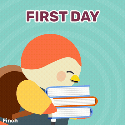 An Illustration Of A Bird Holding A Stack Of Books With The Words First Day Written Above It GIF