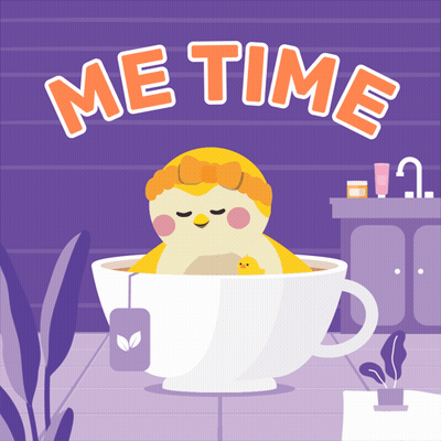 An Illustration Of A Bird In A Cup Of Tea With The Words Me Time Written Above It GIF