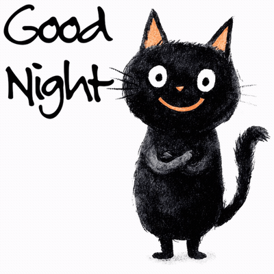 An Illustration Of A Black Cat With The Words Good Night Written Below It GIF