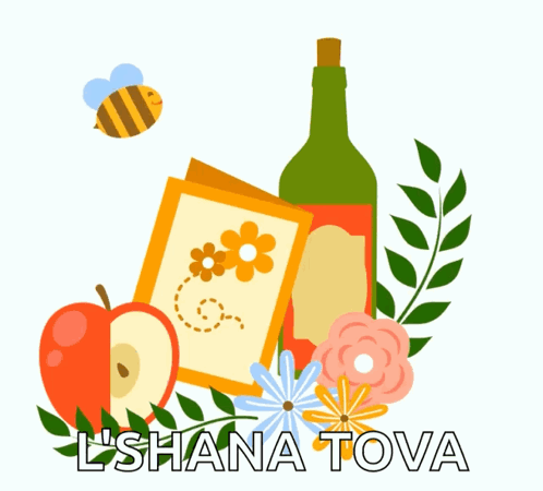 An Illustration Of A Bottle Of Wine An Apple And Flowers With The Words ' L'shana Tova ' On The Bottom GIF