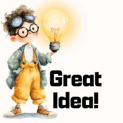 An Illustration Of A Boy Holding A Light Bulb With The Words " Great Idea " Below Him GIF