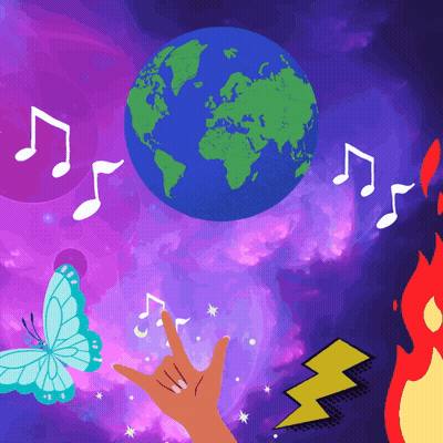 An Illustration Of A Butterfly A Lightning Bolt And A Hand With Music Notes GIF