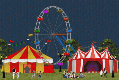An Illustration Of A Carnival With A Ferris Wheel And A Circus Tent GIF
