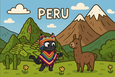 An Illustration Of A Cat And A Llama With The Word Peru Above Them GIF