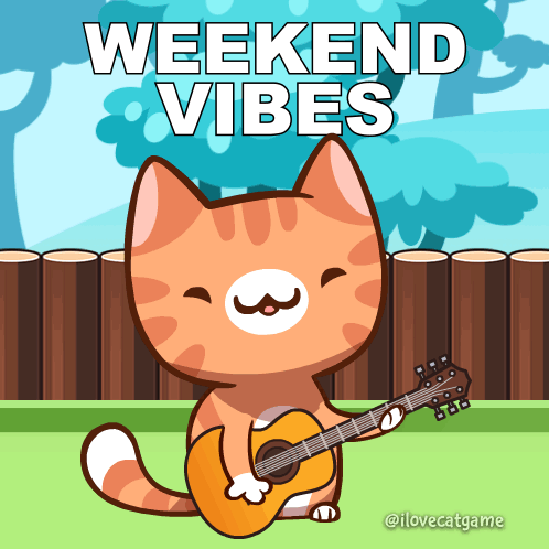 An Illustration Of A Cat Playing A Guitar With The Words Weekend Vibes Below It GIF