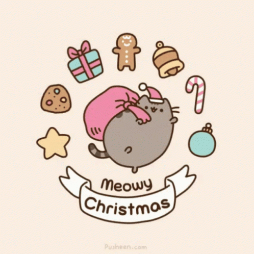 An Illustration Of A Cat Surrounded By Christmas Decorations And Says Meowy Christmas GIF