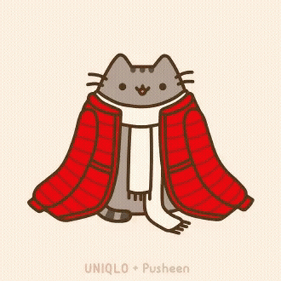 An Illustration Of A Cat Wearing A Red Jacket And Scarf By Uniqlo And Pusheen GIF