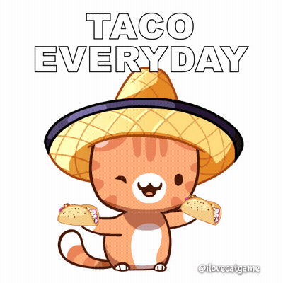 An Illustration Of A Cat Wearing A Sombrero And Holding Two Tacos GIF