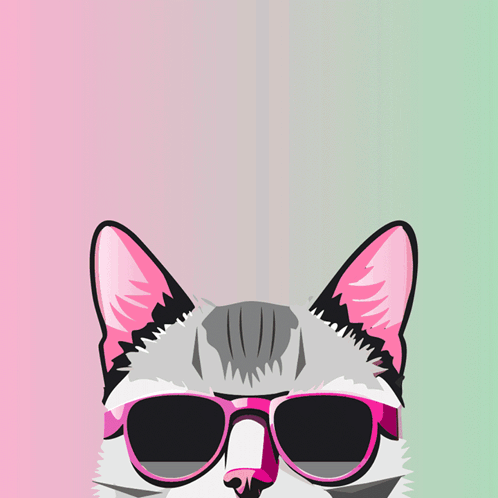 An Illustration Of A Cat Wearing Pink Sunglasses With The Word Happy Above It GIF