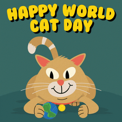 An Illustration Of A Cat With The Words Happy World Cat Day Written Above It GIF
