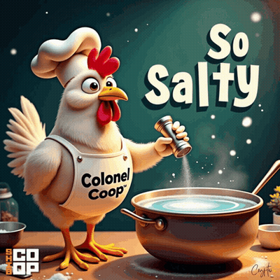 An Illustration Of A Chicken Wearing A Colonel Coop Apron Holding A Pepper Shaker GIF