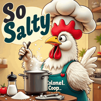 An Illustration Of A Chicken With A Chef Hat And Apron That Says Colonel Coop GIF