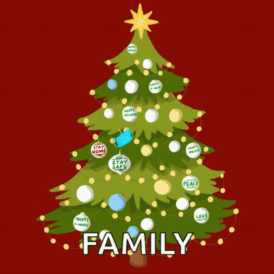 An Illustration Of A Christmas Tree With Decorations That Say Family GIF