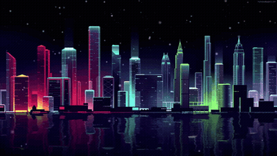 An Illustration Of A City Skyline At Night With A Reflection Of The City In The Water GIF