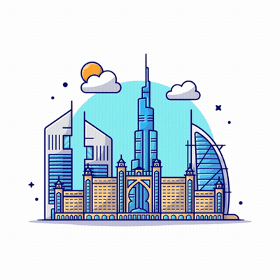 An Illustration Of A City Skyline With The Words Come To Dubai GIF