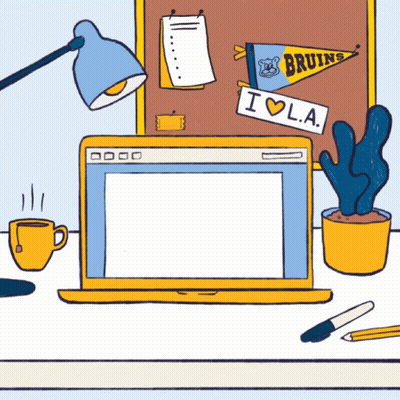 An Illustration Of A Desk With A Laptop And A Bulletin Board With A Bruins Pennant GIF