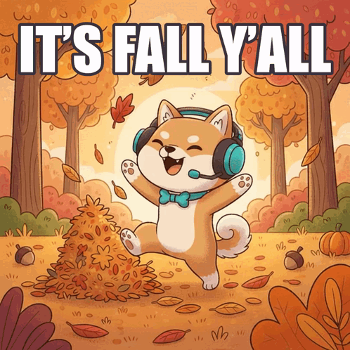 An Illustration Of A Dog Wearing Headphones With The Words It 'S Fall Y'all Above It GIF