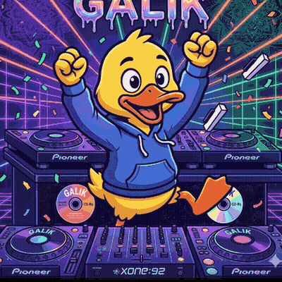 An Illustration Of A Duck Wearing A Blue Hoodie Standing In Front Of Pioneer Dj Equipment GIF