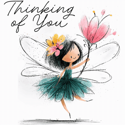 An Illustration Of A Fairy Holding A Pink Flower With The Words Thinking Of You Below Her GIF