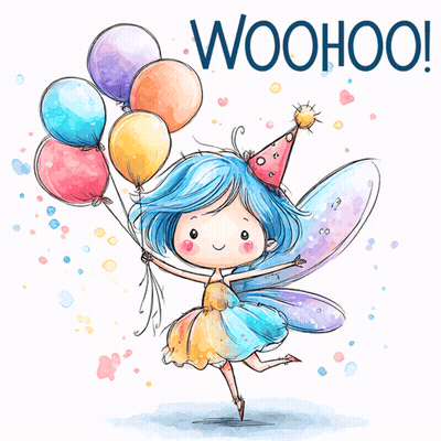 An Illustration Of A Fairy Holding Balloons With The Words Woohoo Written Below Her GIF