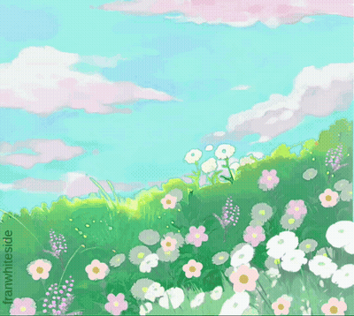 An Illustration Of A Field Of Flowers With The Words Here Comes The Sun GIF