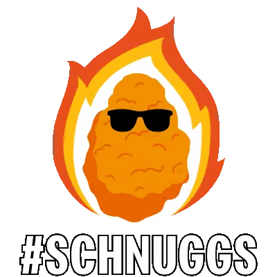 An Illustration Of A Fried Chicken Nugget Wearing Sunglasses With The Hashtag #Schnuggs Sticker