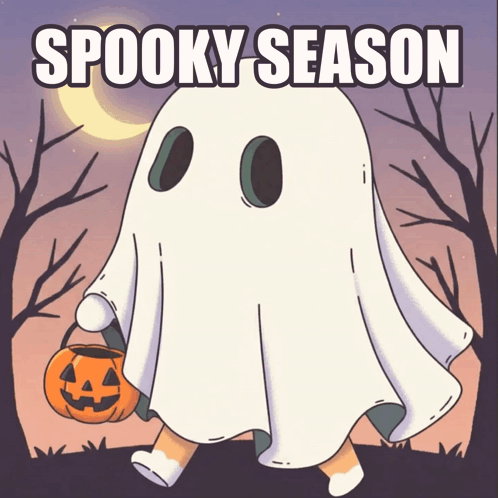 An Illustration Of A Ghost Carrying A Pumpkin And The Words Spooky Season Below It GIF
