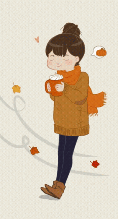 An Illustration Of A Girl Holding A Cup Of Hot Chocolate With Whipped Cream GIF