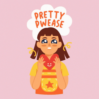 An Illustration Of A Girl Holding A Heart With Pretty Pwease Written Above Her Head GIF