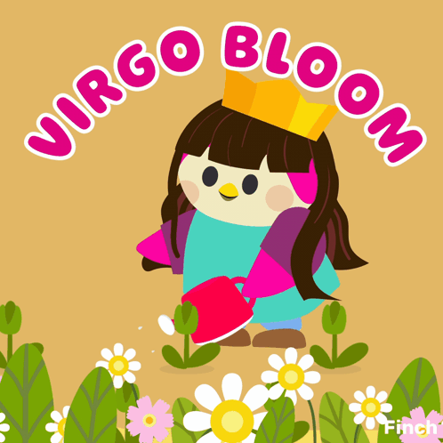An Illustration Of A Girl Watering Flowers With The Words Virgo Bloom In The Background GIF