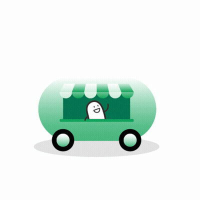 An Illustration Of A Green Bus With A Penguin Looking Out Of The Window GIF