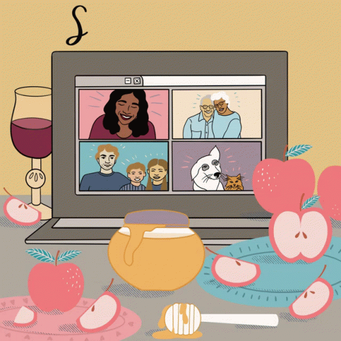 An Illustration Of A Group Of People On A Video Call With Apples And Honey GIF