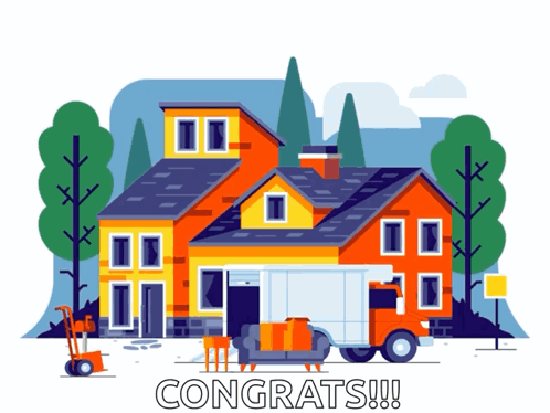An Illustration Of A House And A Truck With The Words Congrats Below It GIF